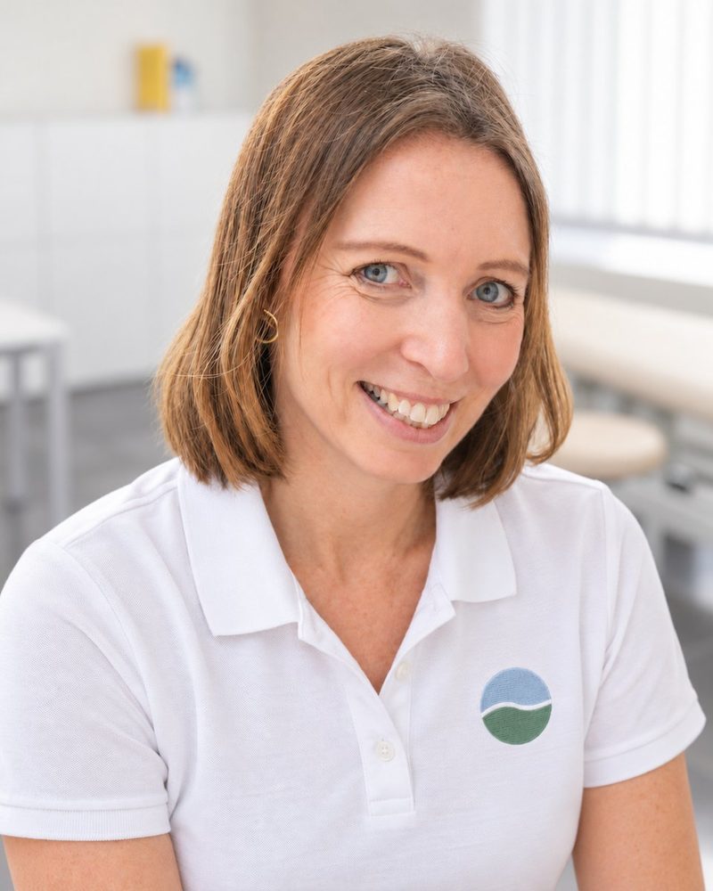 Caroline Pössel, Inhaberin der Praxis Revita, im weißen Poloshirt mit Praxislogo